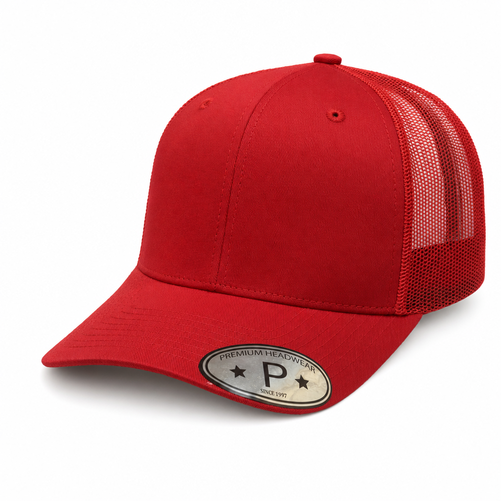 6 Panel Trucker mesh back Snapback Plain Cap #606M in RED - Style 6PCM | Burzip