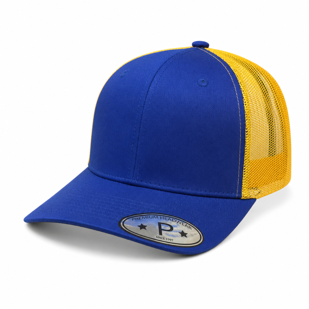 6 Panel Trucker mesh back Snapback Plain Cap #606M in ROYAL-GOLD - Style 6PCM | Burzip