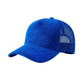 Royal blue corduroy mesh trucker cap with curved brim and adjustable snapback