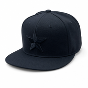 6 Panel Flatbill w/Star Embroidery Snapback Cap #E16001 in BLACK-BLACK - Style E16001 | Burzip