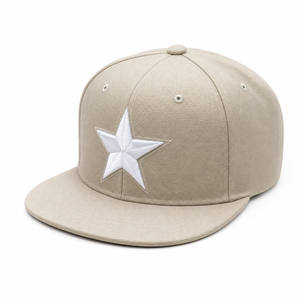 6 Panel Flatbill w/Star Embroidery Snapback Cap #E16001 in KHAKI-WHITE - Style E16001 | Burzip