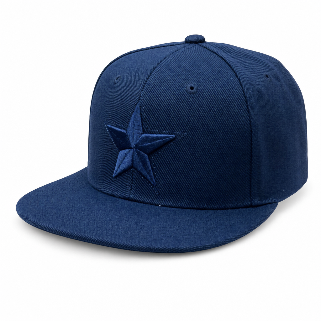 6 Panel Flatbill w/Star Embroidery Snapback Cap #E16001 in NAVY-NAVY - Style E16001 | Burzip