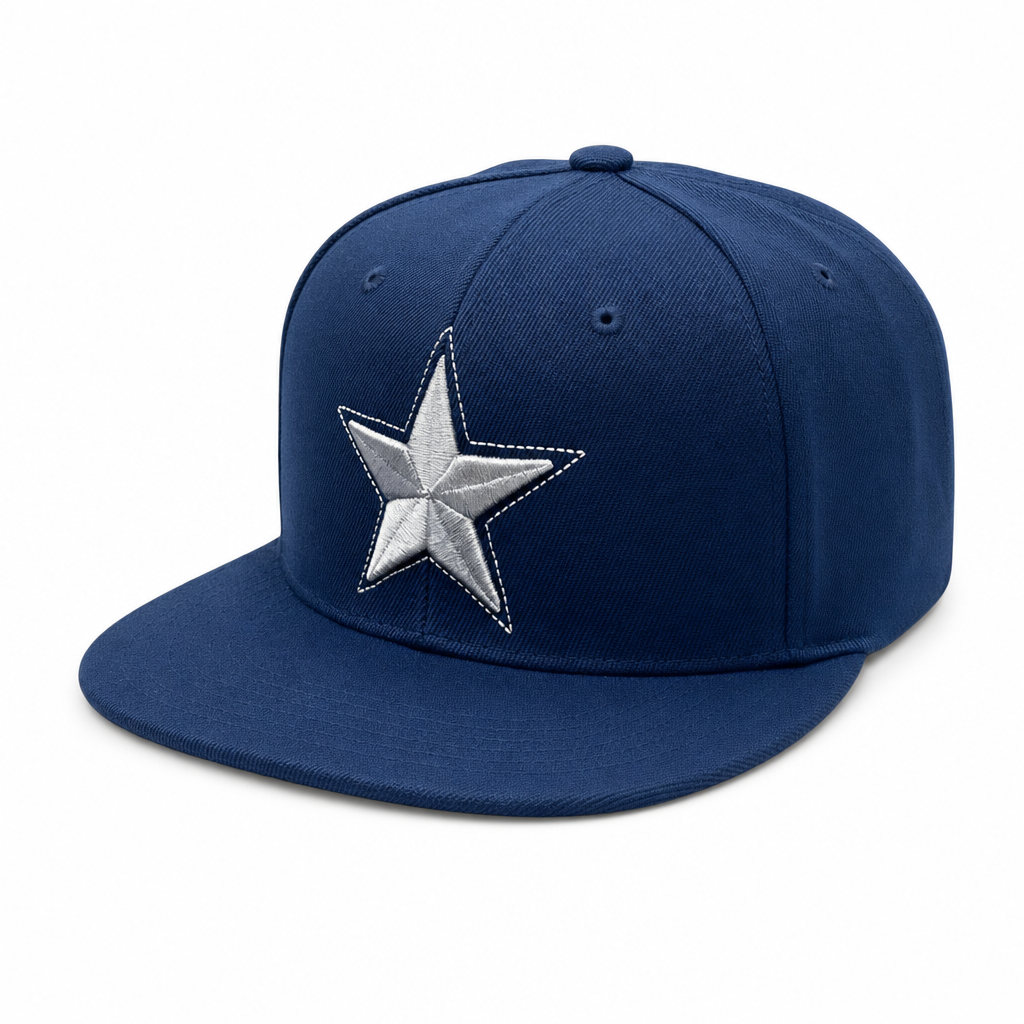6 Panel Flatbill w/Star Embroidery Snapback Cap #E16001 in NAVY-WHITE - Style E16001 | Burzip
