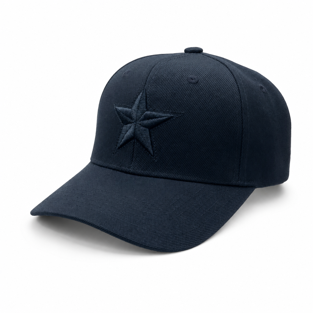 6 Panel 100% Polyester Embroidered Velcro Ball Cap #E6001 Star in BLACK-BLACK - Style E6001 | Burzip