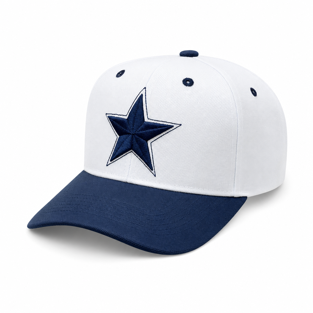 6 Panel 100% Polyester Embroidered Velcro Ball Cap #E6001 Star in WHITE-NAVY-NAVY - Style E6001 | Burzip