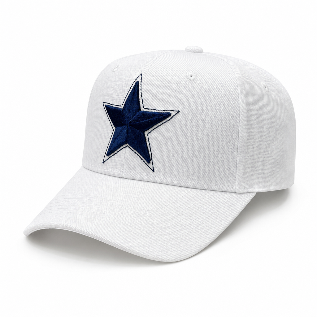 6 Panel 100% Polyester Embroidered Velcro Ball Cap #E6001 Star in WHITE-NAVY - Style E6001 | Burzip