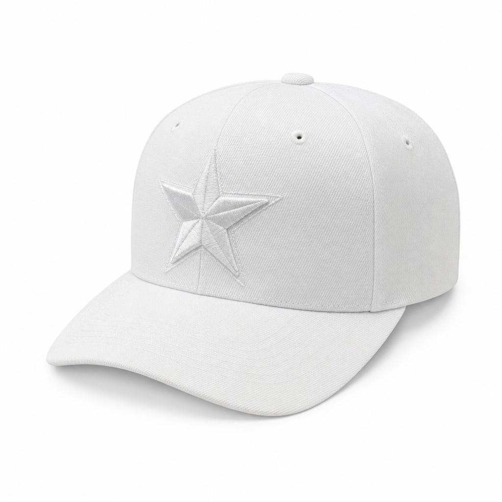 6 Panel 100% Polyester Embroidered Velcro Ball Cap #E6001 Star in WHITE-WHITE - Style E6001 | Burzip