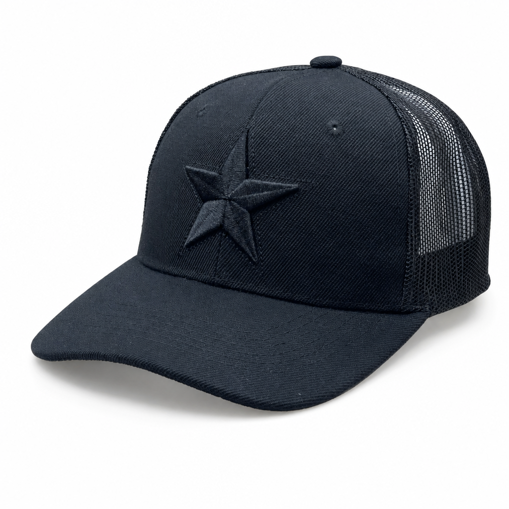 6 Panel 100% Polyester Embroidered Velcro Mesh Ball Cap #E6001M Star in BLACK - Style E6001M | Burzip