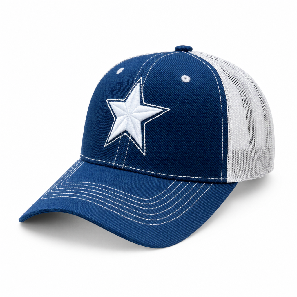 6 Panel 100% Polyester Embroidered Velcro Mesh Ball Cap #E6001M Star in NAVY-GREY-WHITE - Style E6001M | Burzip