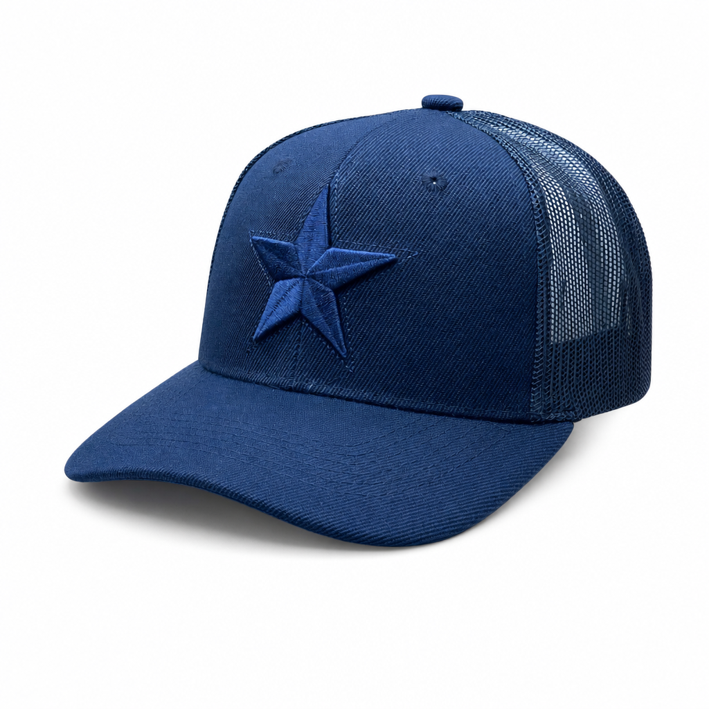 6 Panel 100% Polyester Embroidered Velcro Mesh Ball Cap #E6001M Star in NAVY - Style E6001M | Burzip