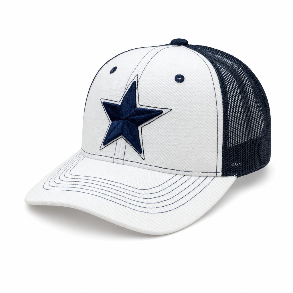 6 Panel 100% Polyester Embroidered Velcro Mesh Ball Cap #E6001M Star in WHITE-NAVY-NAVY - Style E6001M | Burzip