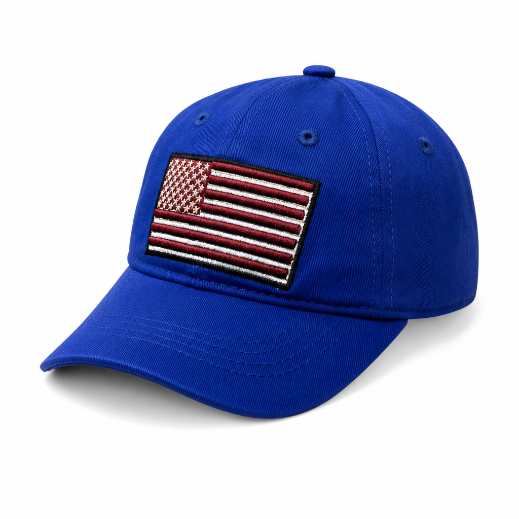 6 Panel Embroidered Velcro Baceball Junior Cap E6006JR US Flag in ROYAL - Style E6006JR | Burzip