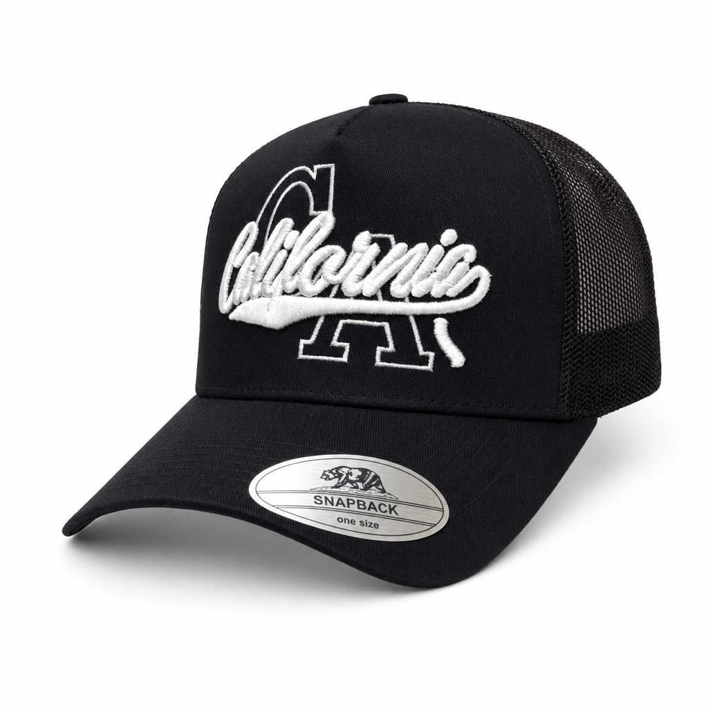 5 Panel Embroidered Trucker Mesh Snapback Cap #ECM502 California in CALIFORNIA-BLACK-WHITE - Style ECM502 | Burzip