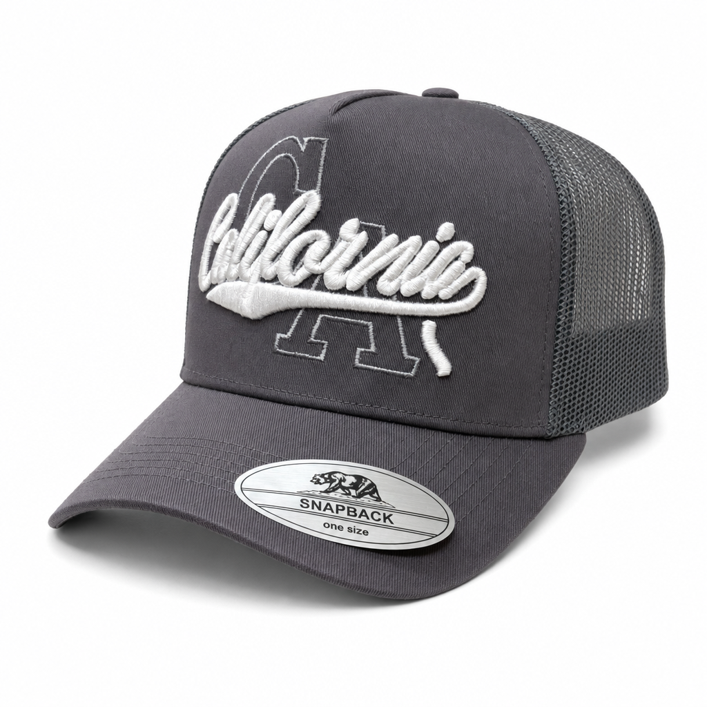 5 Panel Embroidered Trucker Mesh Snapback Cap #ECM502 California in CALIFORNIA-GREY-WHITE - Style ECM502 | Burzip