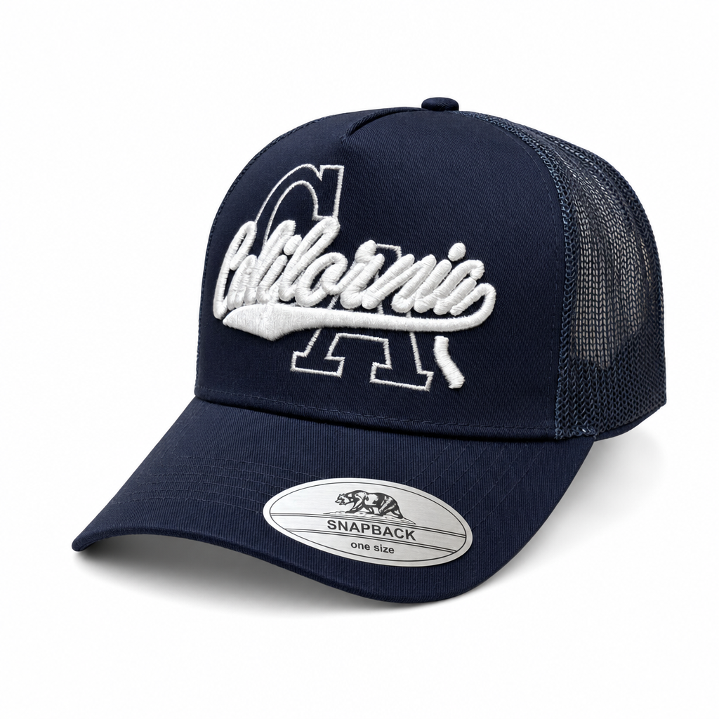 5 Panel Embroidered Trucker Mesh Snapback Cap #ECM502 California in CALIFORNIA-NAVY-WHITE - Style ECM502 | Burzip