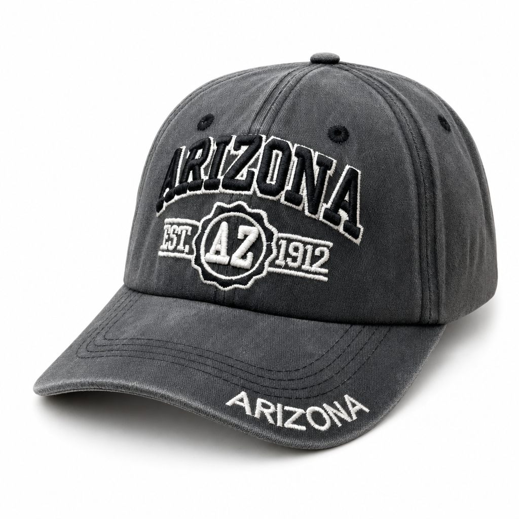 6 Panel Patch Embroidered Dad Hat (Pigment Washed) Buckle Adjustable Cap #EDW6004 City Name in ARIZONA-BLACK-BLACK - Style EDW6004 | Burzip