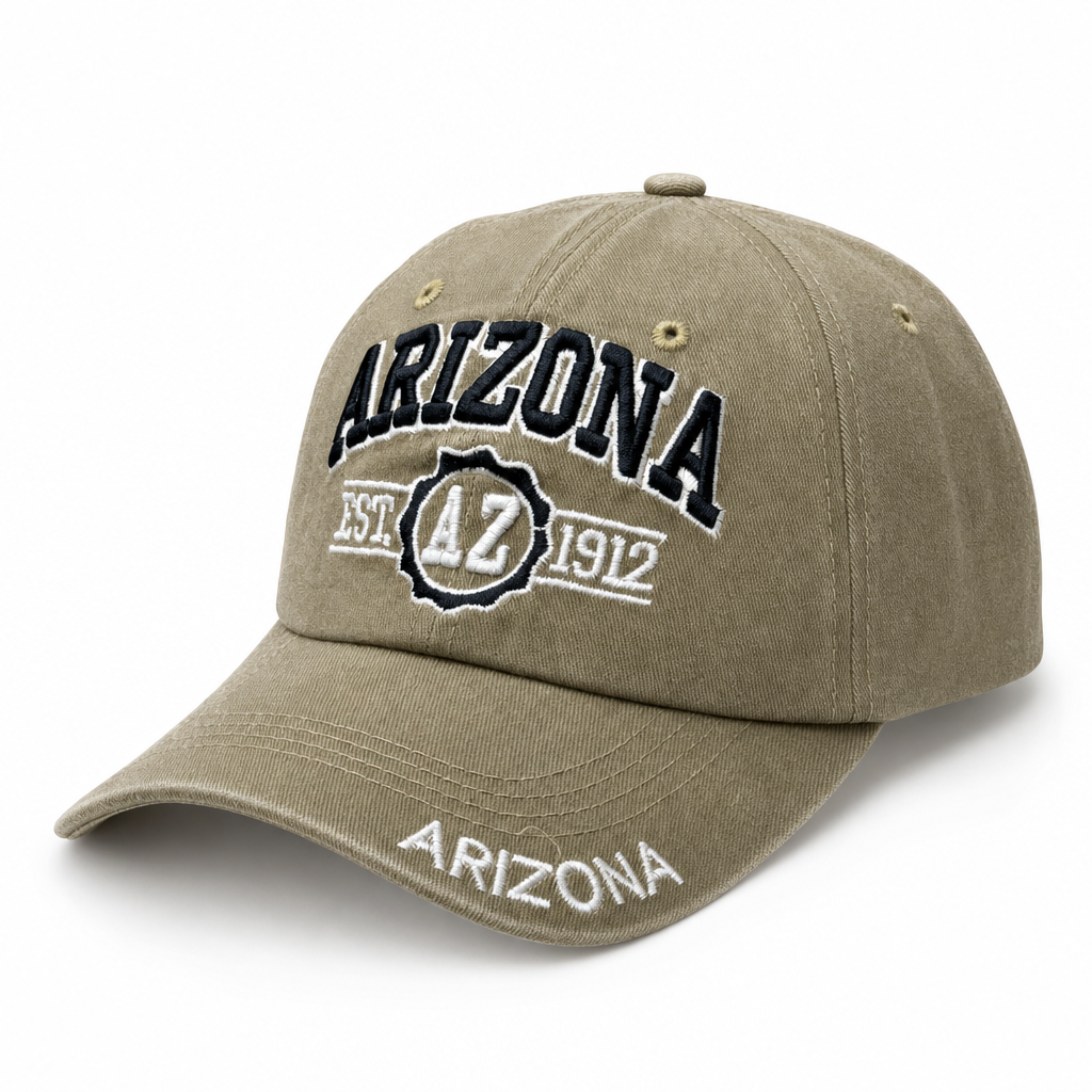 6 Panel Patch Embroidered Dad Hat (Pigment Washed) Buckle Adjustable Cap #EDW6004 City Name in ARIZONA-KHAKI-BLACK - Style EDW6004 | Burzip