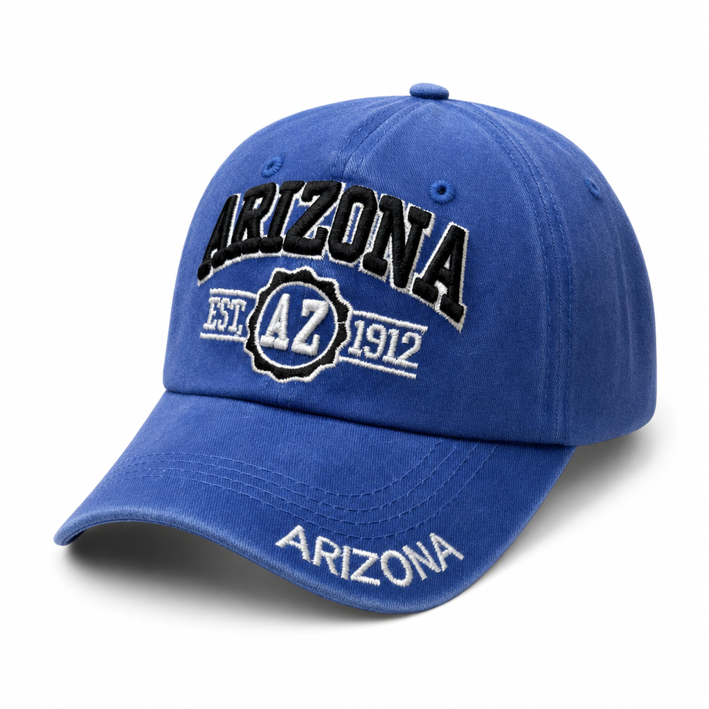 6 Panel Patch Embroidered Dad Hat (Pigment Washed) Buckle Adjustable Cap #EDW6004 City Name in ARIZONA-ROYAL-BLACK - Style EDW6004 | Burzip
