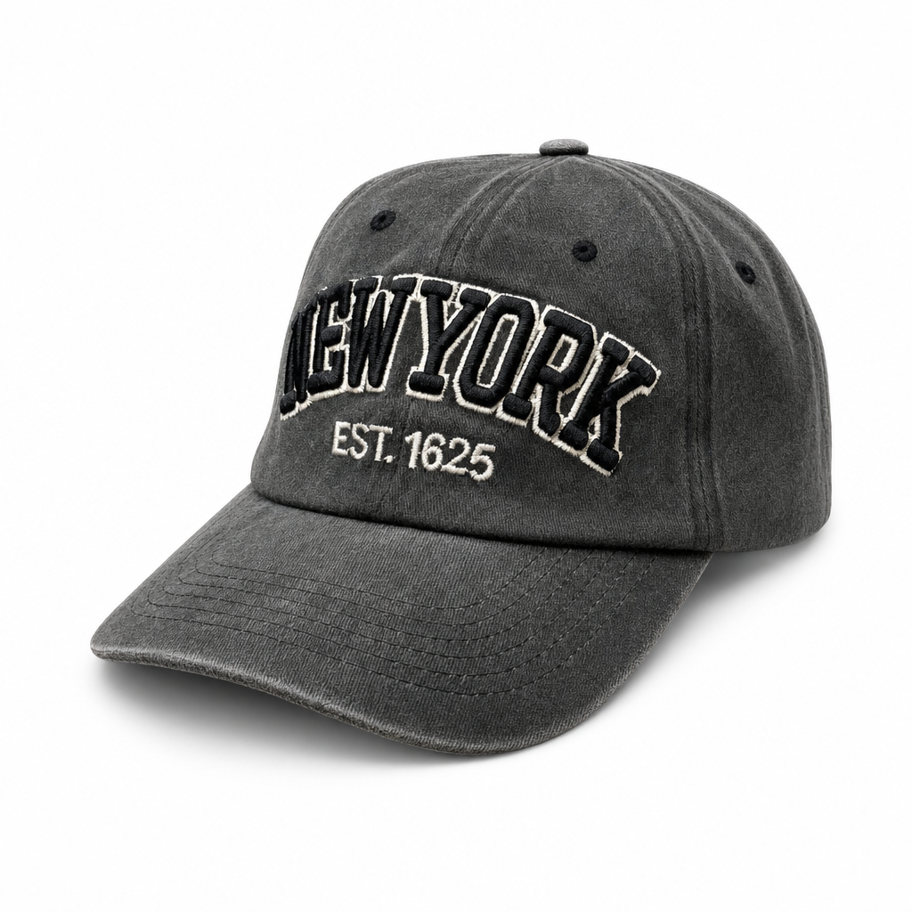 6 Panel Patch Embroidered Dad Hat (Pigment Washed) Buckle Adjustable Cap #EDW6004 City Name in EDW6004-BLACK-BLACK - Style EDW6004 | Burzip