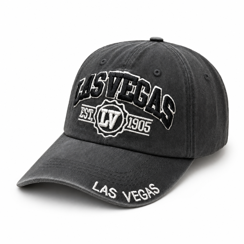 6 Panel Patch Embroidered Dad Hat (Pigment Washed) Buckle Adjustable Cap #EDW6004 City Name in LAS-VEGAS-BLACK-BLACK - Style EDW6004 | Burzip