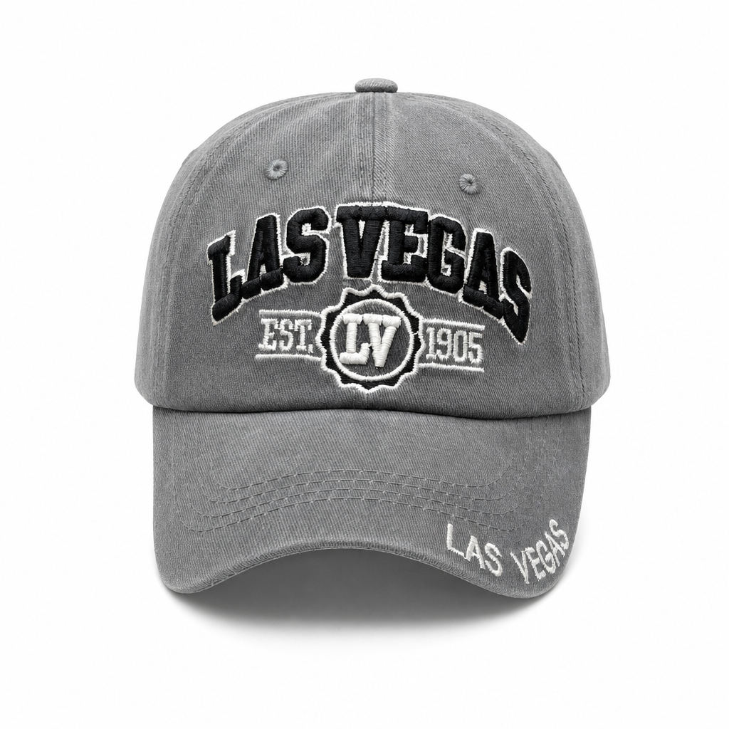 6 Panel Patch Embroidered Dad Hat (Pigment Washed) Buckle Adjustable Cap #EDW6004 City Name in LAS-VEGAS-GREY-BLACK - Style EDW6004 | Burzip