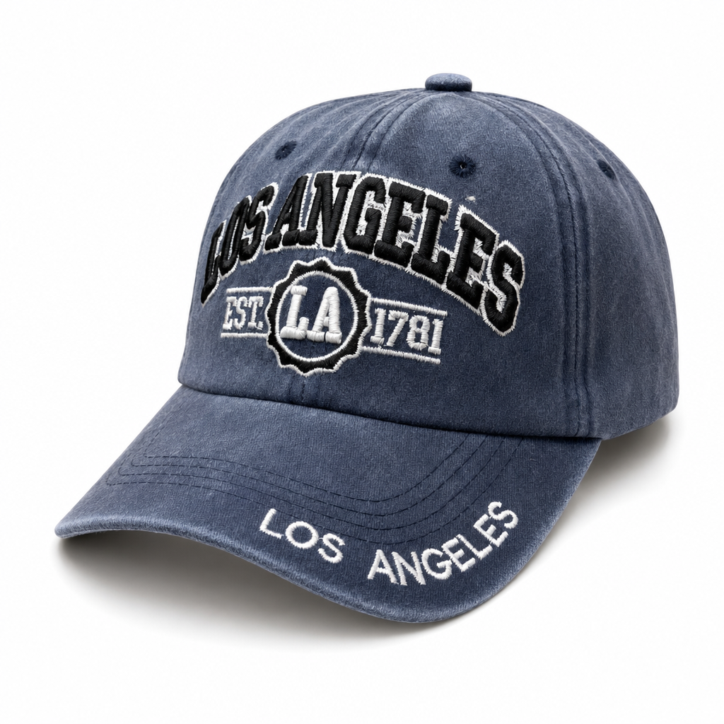 6 Panel Patch Embroidered Dad Hat (Pigment Washed) Buckle Adjustable Cap #EDW6004 City Name in LOS-ANGELES-NAVY-BLACK - Style EDW6004 | Burzip