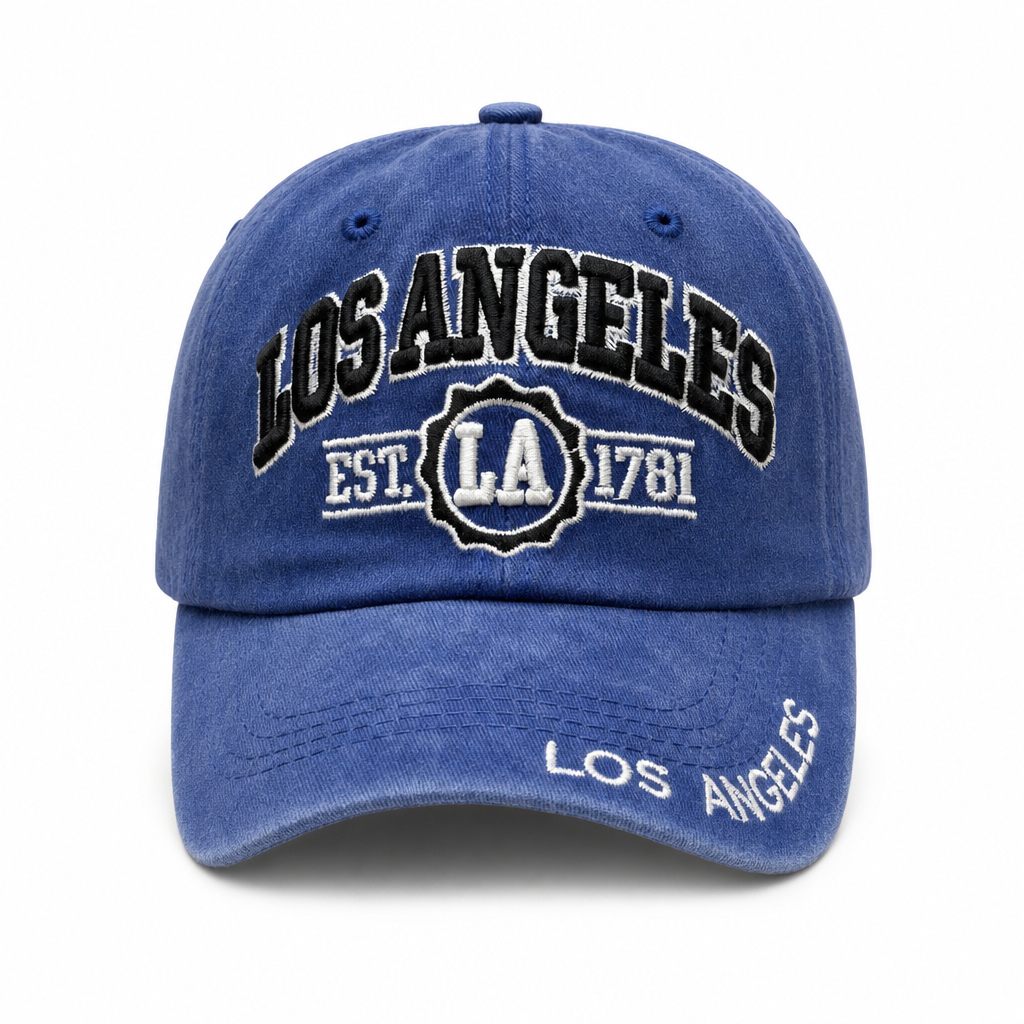 6 Panel Patch Embroidered Dad Hat (Pigment Washed) Buckle Adjustable Cap #EDW6004 City Name in LOS-ANGELES-ROYAL-BLACK - Style EDW6004 | Burzip