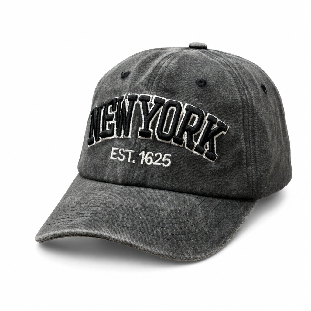 6 Panel Patch Embroidered Dad Hat (Pigment Washed) Buckle Adjustable Cap #EDW6004 City Name in NEW-YORK-BLACK-BLACK - Style EDW6004 | Burzip