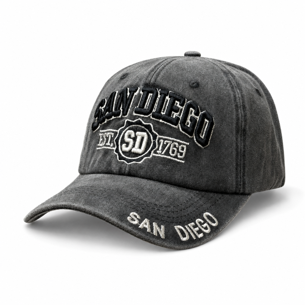 6 Panel Patch Embroidered Dad Hat (Pigment Washed) Buckle Adjustable Cap #EDW6004 City Name in SAN-DIEGO-BLACK-BLAKC - Style EDW6004 | Burzip