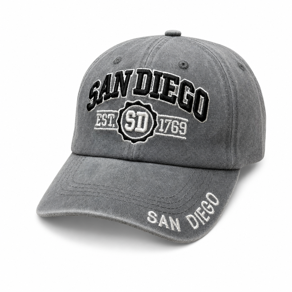 6 Panel Patch Embroidered Dad Hat (Pigment Washed) Buckle Adjustable Cap #EDW6004 City Name in SAN-DIEGO-GREY-BLACK - Style EDW6004 | Burzip