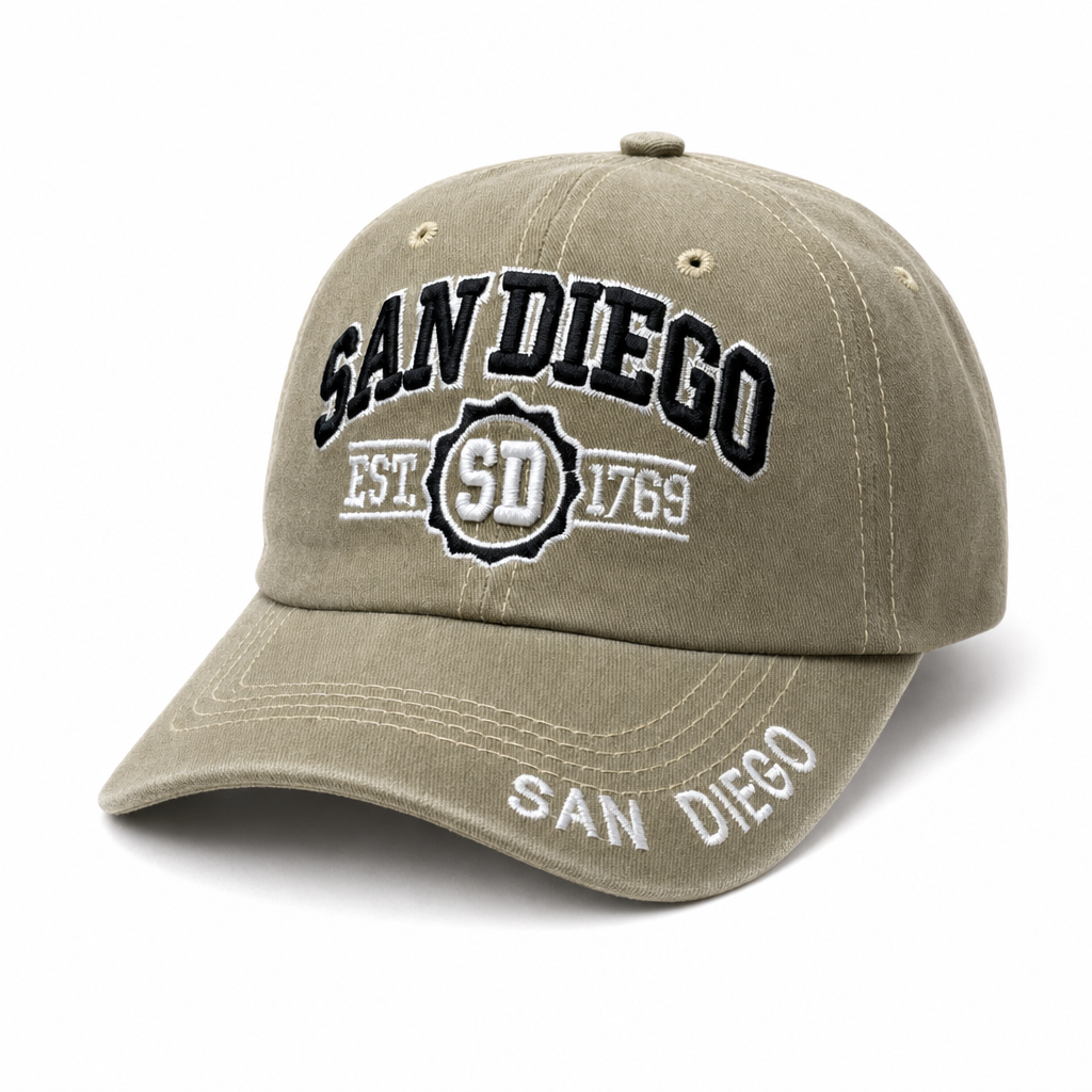 6 Panel Patch Embroidered Dad Hat (Pigment Washed) Buckle Adjustable Cap #EDW6004 City Name in SAN-DIEGO-KHAKI-BLACK - Style EDW6004 | Burzip