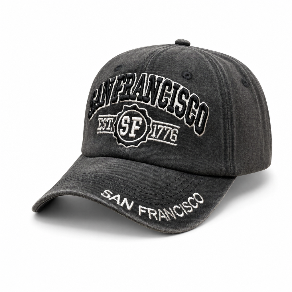 6 Panel Patch Embroidered Dad Hat (Pigment Washed) Buckle Adjustable Cap #EDW6004 City Name in SAN-FRANCISCO-BLACK-BLACK - Style EDW6004 | Burzip
