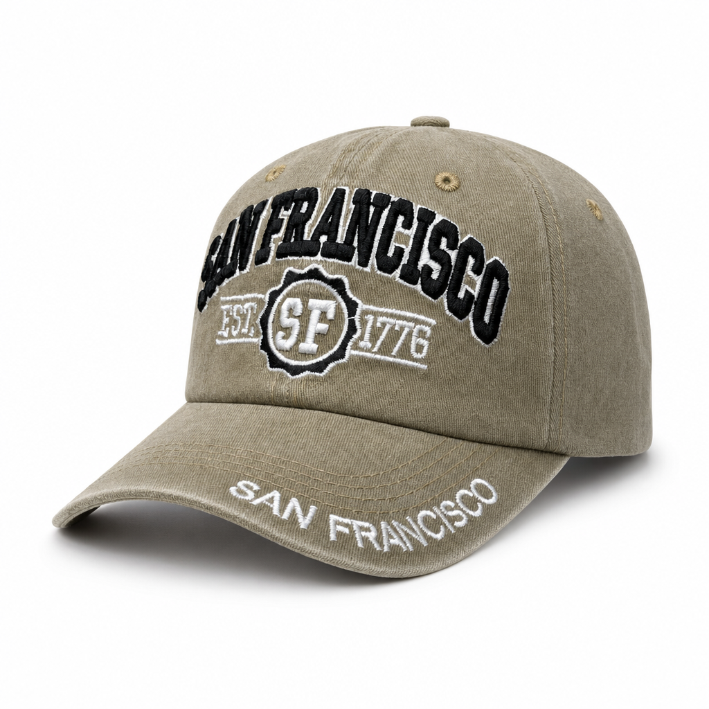 6 Panel Patch Embroidered Dad Hat (Pigment Washed) Buckle Adjustable Cap #EDW6004 City Name in SAN-FRANCISCO-KHAKI-BLACK - Style EDW6004 | Burzip