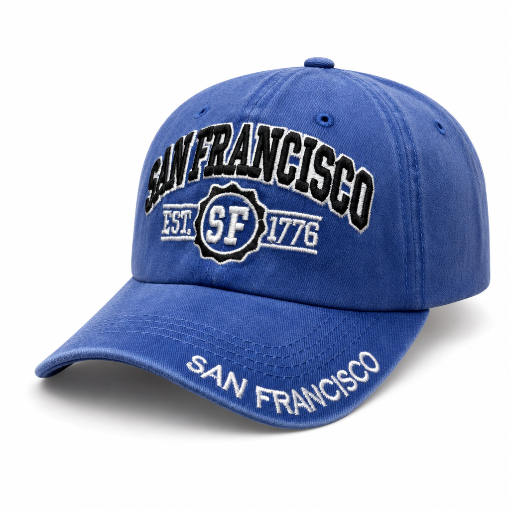 6 Panel Patch Embroidered Dad Hat (Pigment Washed) Buckle Adjustable Cap #EDW6004 City Name in SAN-FRANCISCO-ROYAL-BLACK - Style EDW6004 | Burzip