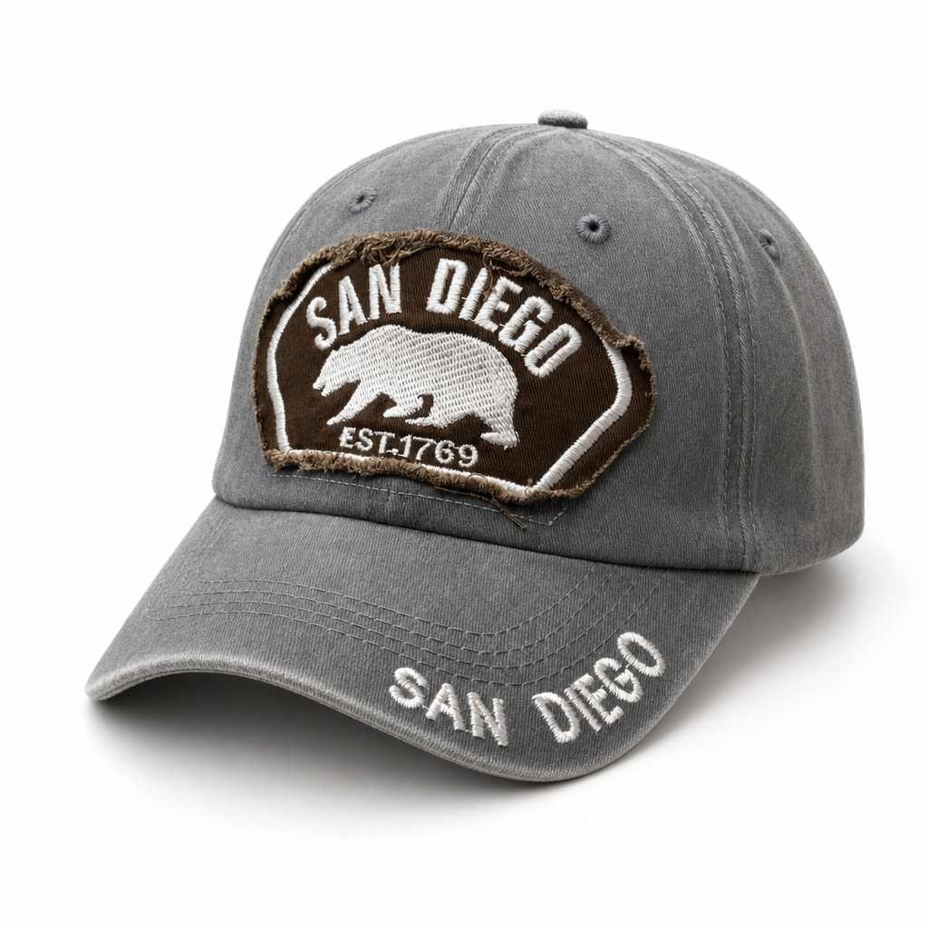 6 Panel Patch Embroidered Washed Dad Hat Buckle Adjustable Cap #EDW6005 Cali Bear in SANDIEGO-GREY - Style EDW6005 | Burzip