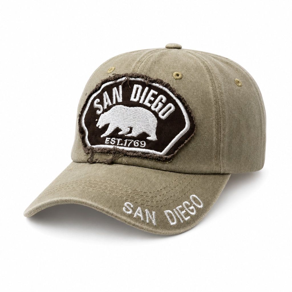 6 Panel Patch Embroidered Washed Dad Hat Buckle Adjustable Cap #EDW6005 Cali Bear in SANDIEGO-KHAKI - Style EDW6005 | Burzip