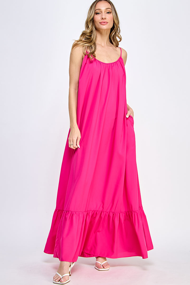 SD0142-1PC-WOVEN CAMI STRAPS SCOOP NECK MAXI DRESS-$18 (Display Sample) - PINK / - Burzip Wholesale