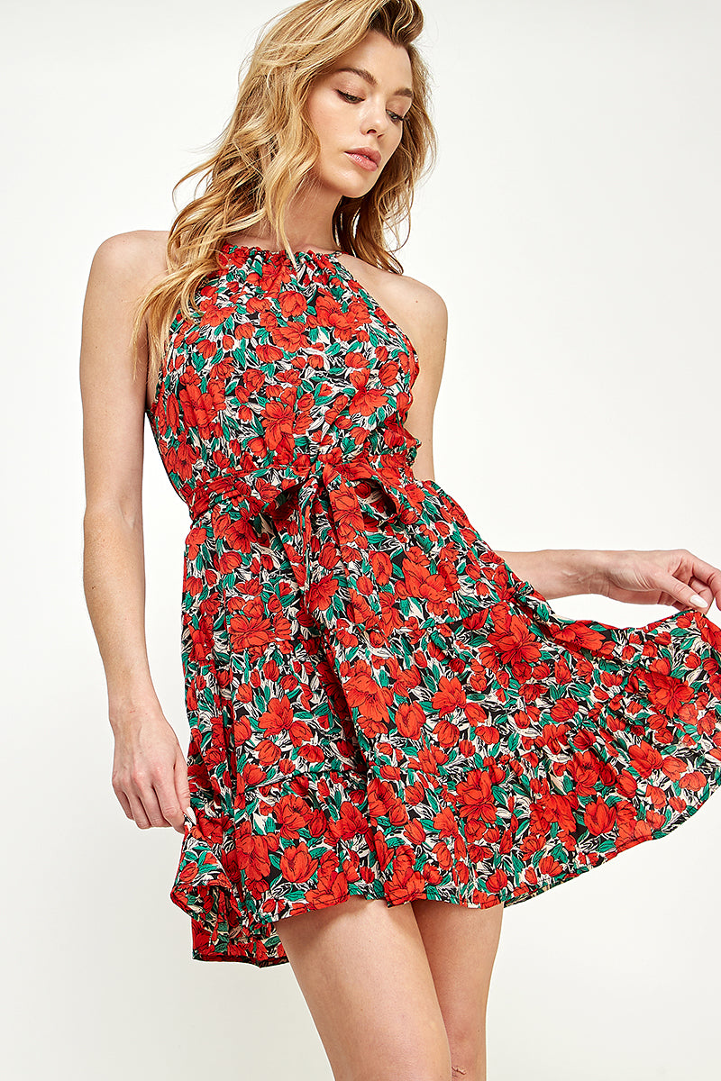 SD0165-1pc-WOVEN FLORAL TIE WAIST HALTER MINI DRESS-$15 (Display Sample) - YELLOW - Burzip Wholesale