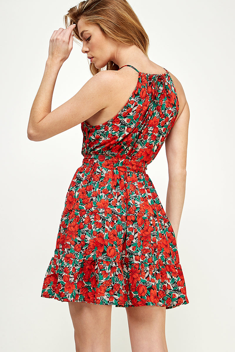 SD0165-1pc-WOVEN FLORAL TIE WAIST HALTER MINI DRESS-$15 (Display Sample) - selected color - Burzip Wholesale