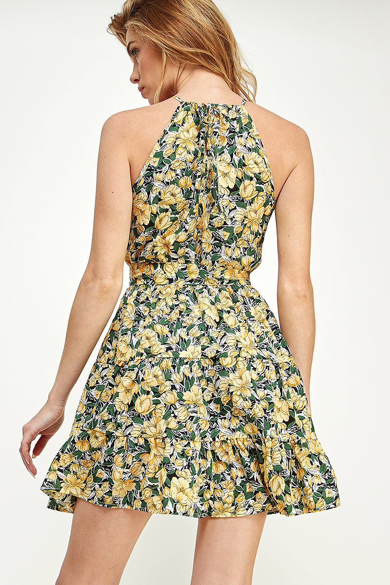 SD0165-1pc-WOVEN FLORAL TIE WAIST HALTER MINI DRESS-$15 (Display Sample) - selected color - Burzip Wholesale