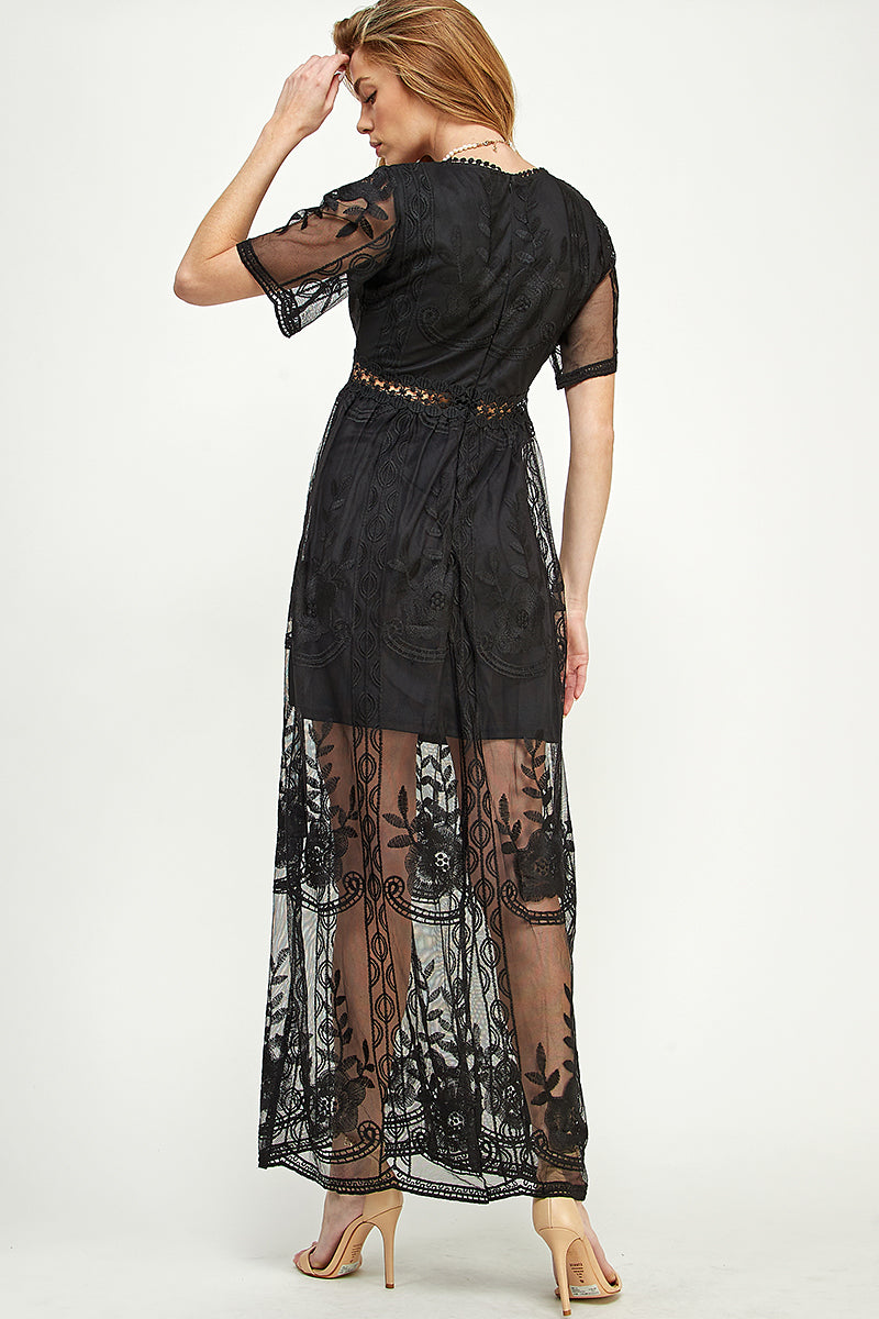 SD0204-1PC-LACE SHORT SLEEVE V-NECK MAXI DRESS-$22 (Sample for Display) - selected color - Burzip Wholesale