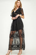 SD0204-1PC-LACE SHORT SLEEVE V-NECK MAXI DRESS-$22 (Sample for Display) - BLACK - Burzip Wholesale