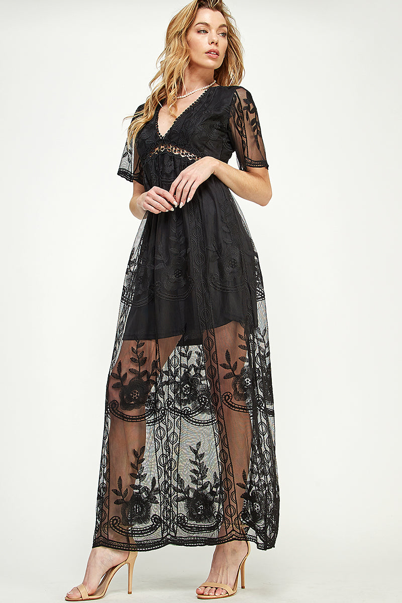 SD0204-1PC-LACE SHORT SLEEVE V-NECK MAXI DRESS-$22 (Sample for Display) - BLACK - Burzip Wholesale