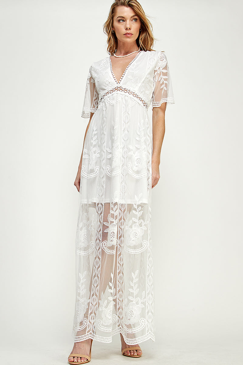 SD0204-1PC-LACE SHORT SLEEVE V-NECK MAXI DRESS-$22 (Sample for Display) - OFF WHITE - Burzip Wholesale