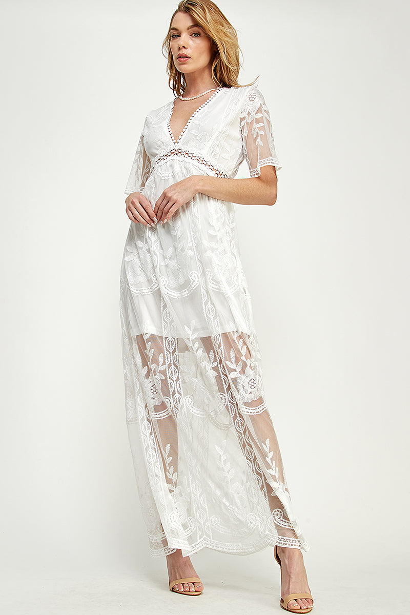 SD0204-1PC-LACE SHORT SLEEVE V-NECK MAXI DRESS-$22 (Sample for Display) - selected color - Burzip Wholesale