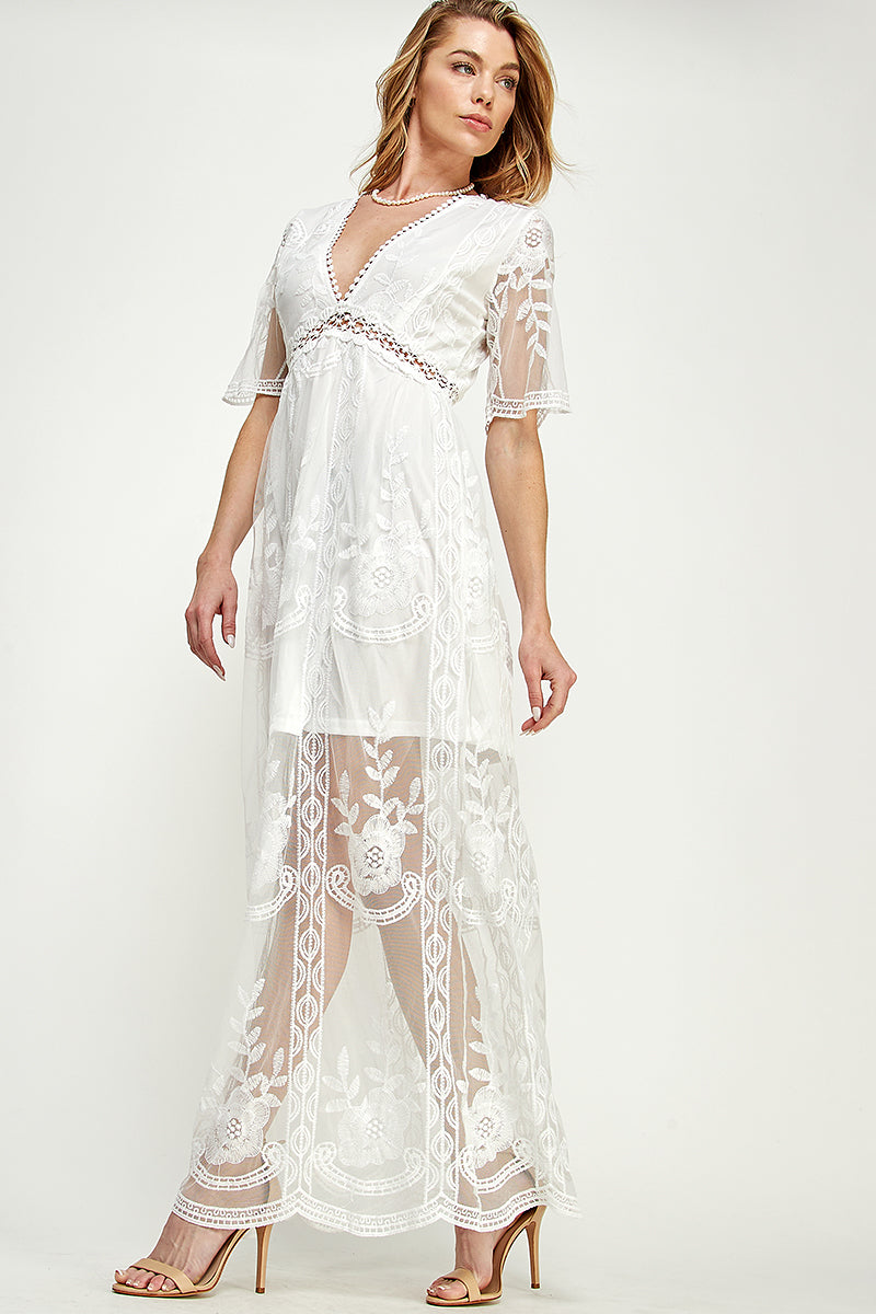 SD0204-1PC-LACE SHORT SLEEVE V-NECK MAXI DRESS-$22 (Sample for Display) - selected color - Burzip Wholesale