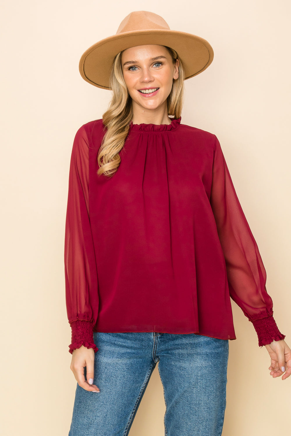 ST0138-FRILLED NECK SHIRRED CUFF BLOUSE - RED / S - Burzip Wholesale