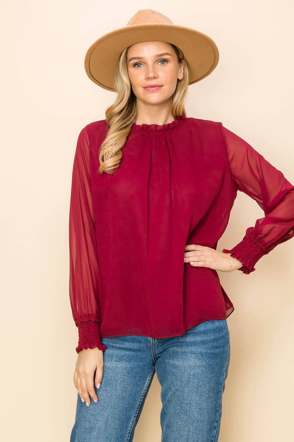 ST0138-FRILLED NECK SHIRRED CUFF BLOUSE - WHT / M - Burzip Wholesale