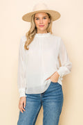 ST0138-FRILLED NECK SHIRRED CUFF BLOUSE - DK GREEN / L - Burzip Wholesale