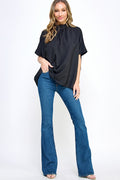 ST0170 BOXY STYLE MOCK NECK WOVEN TOP - BLACK / - Burzip Wholesale